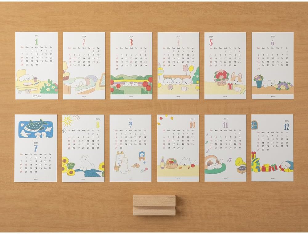 Midori 31278006 2024 Calendar, Tabletop Stand, Dog Pattern (Dog Print)