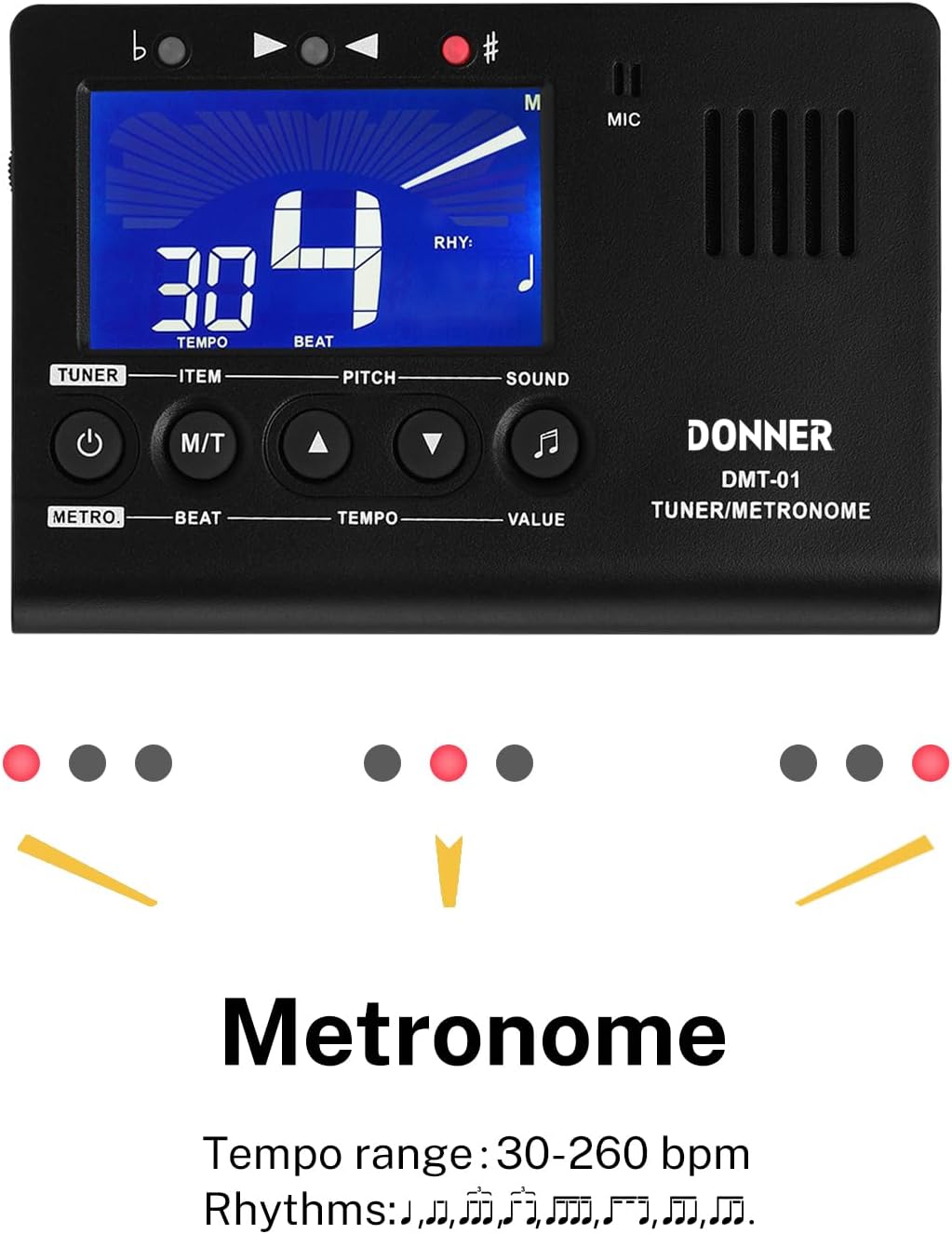 Donner Metronome Tuner for All Instruments - Guitar, Bass, Violin, Ukulele, Trumpet, Chromatic, Clarinet, Flute, 3 in 1 Digital Metronome with Tuner/Metronome/Tone Generator, DMT-01
