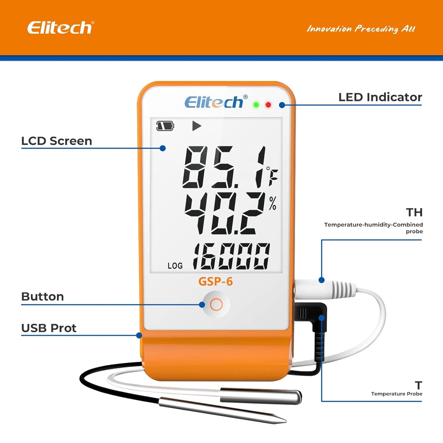 Elitech Digital Temperature Humidity Data Logger Pharmacy DDL with Calibration Certificate to auditor, Refrigerator Thermometer Vaccine Fridge Temperature Monitor Max Min Value GSP-6