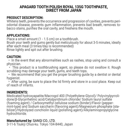Apagard Tooth Polish Royal 135g toothpaste, Direct from Japan