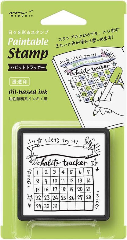 Paintable stamp with habit tracker design on a green packaging