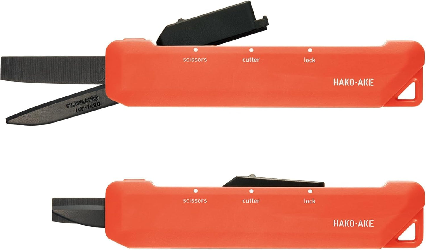 KOKUYO 2-Way Portable Scissors, HAKO-AKE Compact Pocket Size Travel Scissors, Titanium Blade All Purpose Craft Scissor Box Cutter for Office, Travel and Home. Orange (Hasa-T420YR)