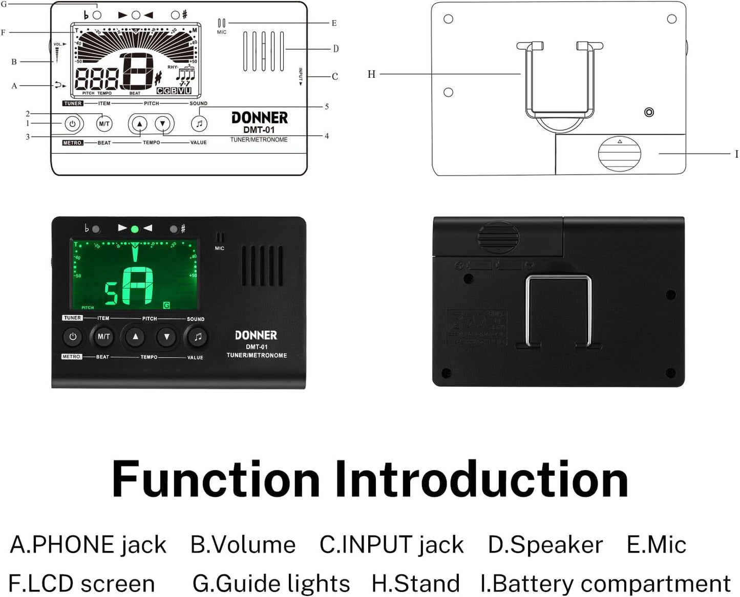 Donner Metronome Tuner for All Instruments - Guitar, Bass, Violin, Ukulele, Trumpet, Chromatic, Clarinet, Flute, 3 in 1 Digital Metronome with Tuner/Metronome/Tone Generator, DMT-01