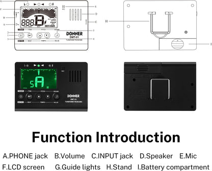 Donner Metronome Tuner for All Instruments - Guitar, Bass, Violin, Ukulele, Trumpet, Chromatic, Clarinet, Flute, 3 in 1 Digital Metronome with Tuner/Metronome/Tone Generator, DMT-01