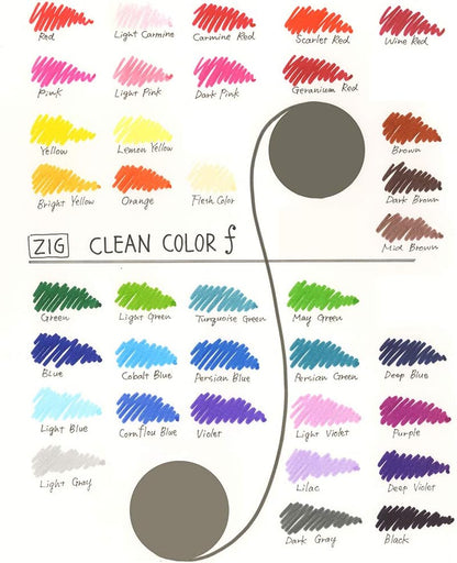 Kuretake ZIG CLEAN COLOR f 36 colors set, 0.5 mm & 1.2 mm, AP-Certified, Odourless, Xylene Free, Suitable for dark paper, Perfect for illustrating, sketching, designing and cartooning. Made in Japan