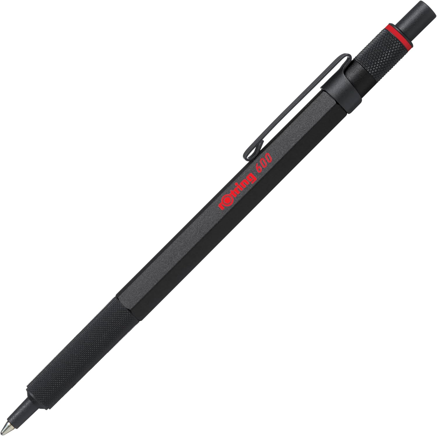 Black pen with red text on a white background