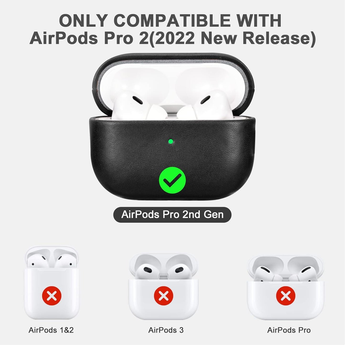 ICARERFAMILY Leather Case for AirPods Pro 2 (2022), Genuine Leather Shockproof Protective Cover for AirPods Pro 2 Earphones Charging Case (LED Visible) Support Wireless Charger Black