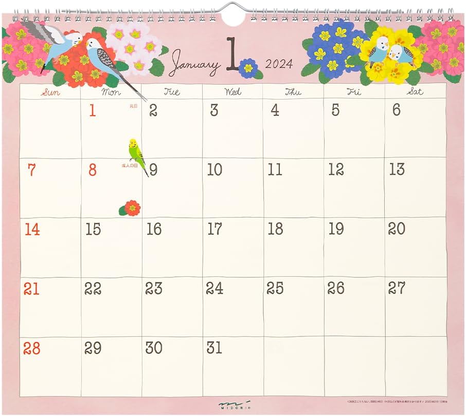 Midori 31287006 2024 Wall Calendar, Large, Country Time Floral Pattern (Tri-print)