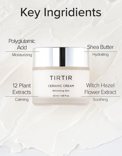 TIRTIR Natural Ceramide Cream | Deep moisturizer for Glass Skin, Polyglutamic acid, Centella Asiatica Extract, Skin barrier, Lightweight, Mild, Nature derived ingredients, Dry skin, Korean skincare