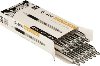 ZEBRA G-402 Retractable Gel Pen, Stainless Steel Barrel, Fine Point, 0.5mm, Black Ink, 12-Pack