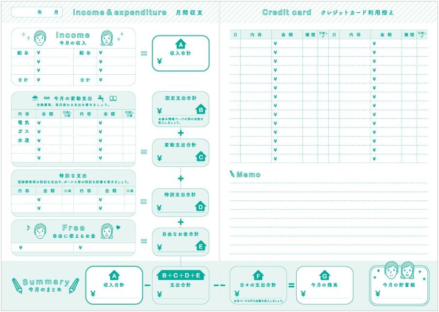 DESIGNPHIL Midori 12853006 Household Account Book, A5 Monthly Working Futari Family Print