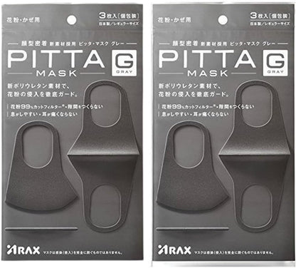 Pitta Mask Facial Masks 3pcs Made in Japan, 2 Pack, Gray