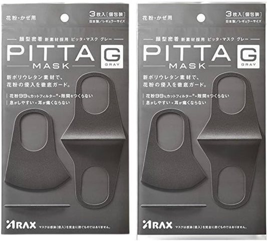 Pitta Mask Facial Masks 3pcs Made in Japan, 2 Pack, Gray