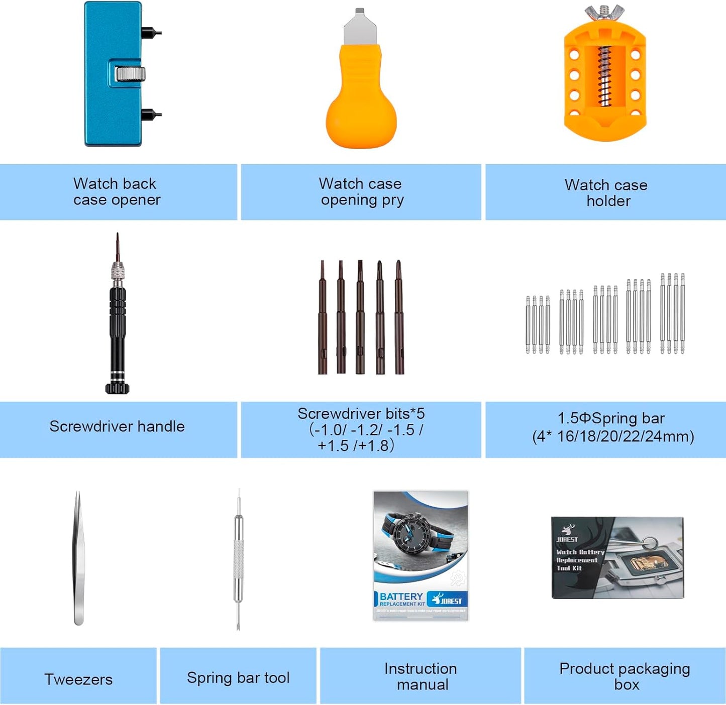 JOREST Watch Battery Replacement Kit, Watch Repair Screwdriver, Watch Band Replacement tool, Watch Wrench Back Remover, Watch Case Opener, Watch Back Remover Holder, Spring bar, Tweezers