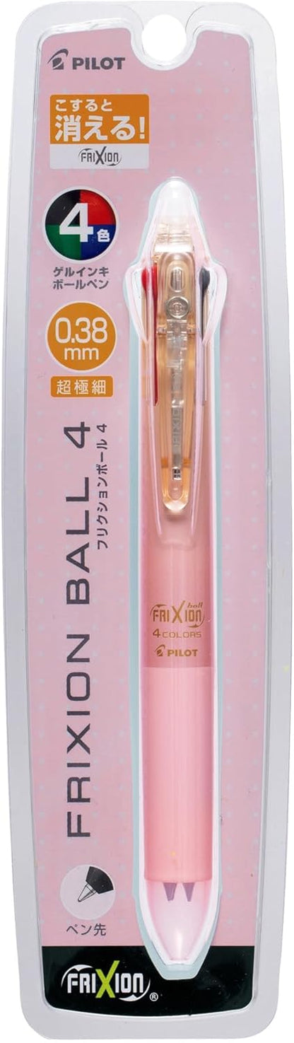 PILOT Ballpoint Pen, Frixion Ball 4, 0.38mm Ultra Fine, 4 Colors (Black, Red, Blue and Green), Gradation Pink Body (PLKFB80UF-GRP)