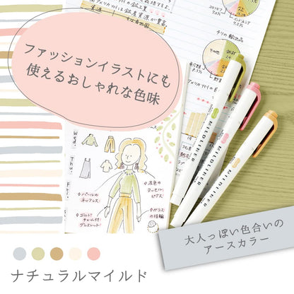 Set of markers with fashion illustrations and color swatches on a green background