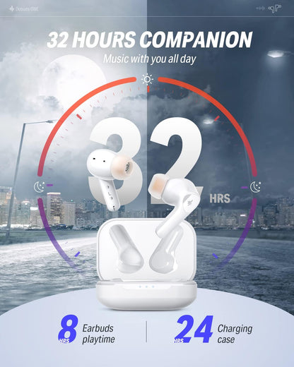 Donner Wireless Earbuds Noise Cancelling, Bluetooth 5.2 Earphones with 5 x EarTips, 4 Mic Clear Calls, 12mm Drivers, App for Custom EQ, 32H Playtime, Fast Charging, Transparency - Dobuds ONE,White