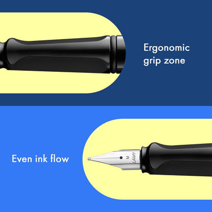 LAMY safari black - Fountain Pen with ergonomic grip & polished steel nib in size M - ideal for any Writing & Calligraphy - including LAMY T 10 blue cartridge - Right-Handed