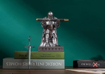 HDMbigmi King's Guard Leader Cloak Warrior Knight Pen Holder Mobile Phone Stand, Ornament Knight Statue, Pen Stand Paperweight with a Metal Sword Letter Opener for Office and Home (Silver)