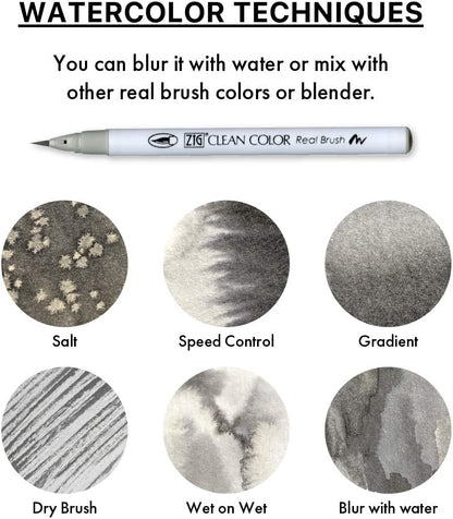 Kuretake ZIG Clean Color Real Brush Marker, Flexible Brush Tips, Watercolor Pens for Painting, Drawing, Calligraphy and Brush Lettering for Artists, Made in Japan (6 Cool Gray Colors set)
