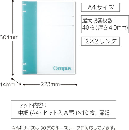 Kokuyo Campus Refillable Notebook, A4 2x2 Slim Ring Binder Notebook with Customizable Title Page, 40 Sheets Capacity. Suitable for 30 Holes Loose Leaf Paper, Light Blue (RU-NP174LB)