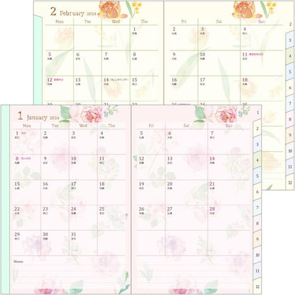Midori Pocket Diary 22256006 Weekly Planner, 2024, B6, Cat Pattern, Starts January 2024 (country time floral pattern)