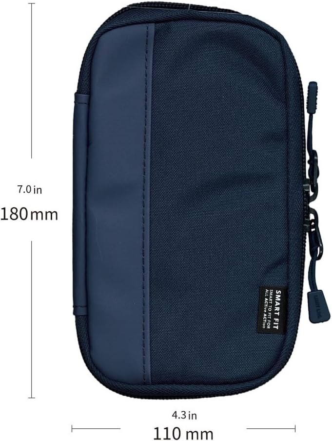 Navy blue pouch with measurement details on a white background