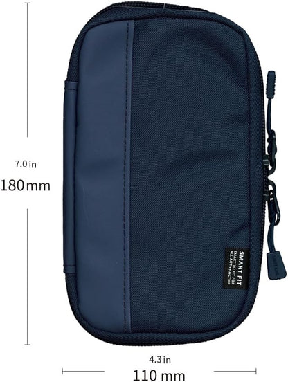 Navy blue pouch with measurement details on a white background
