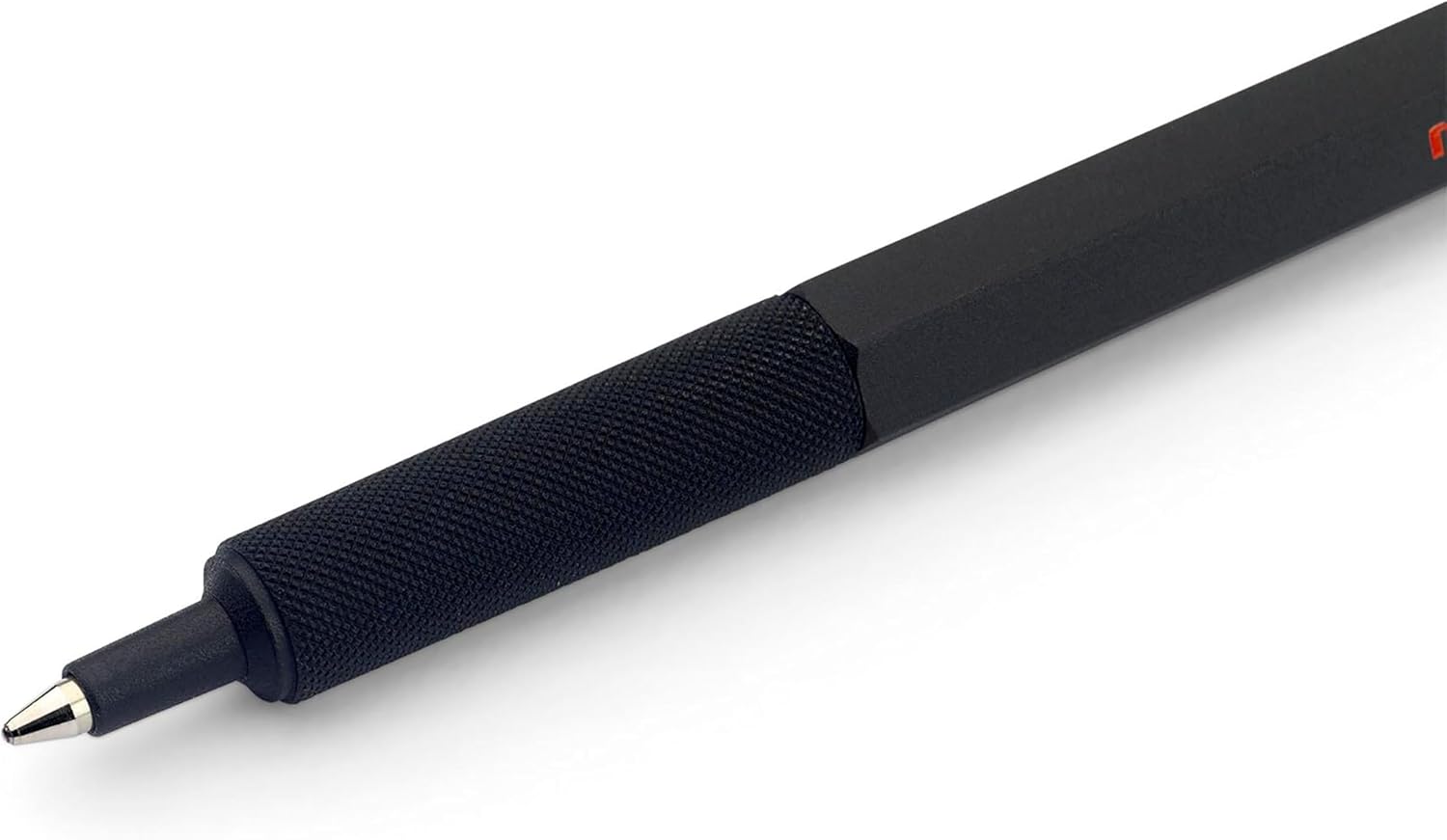 Black pen with textured grip on a white background