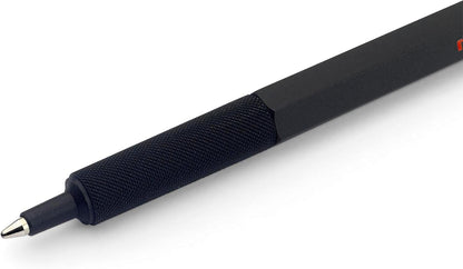 Black pen with textured grip on a white background