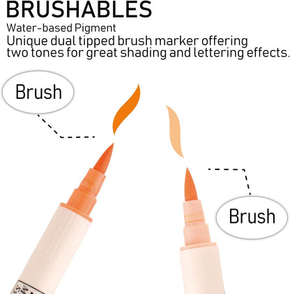 Kuretake ZIG BRUSHABLES 24 Brush Marker Pens set, TWO-TONED 48 Colors, Twin brush tips, Waterproof when dry, No mess, Archival Quality, Made in Japan