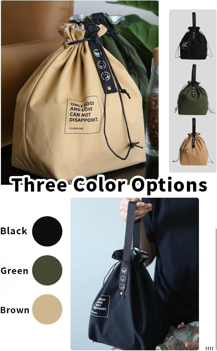 MRSXXNTY Lunch Bag Lunch Box for Men and Women,Canvas Insulated Lunch Bag,Mens Lunchbox for Work,Waterproof Insulated Drawstring Hand Carry Bag (Military Green)