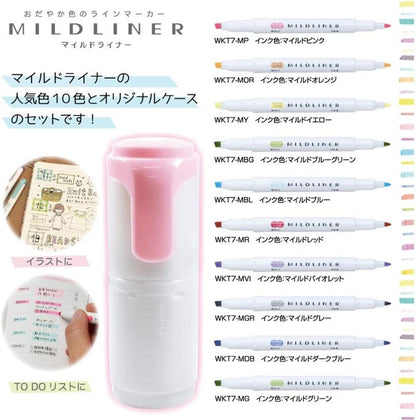 ZEBRA Mildliner WKT7-HD-BG-AZ Highlighter, 10 Colors, Hard Case Included, Blue Green