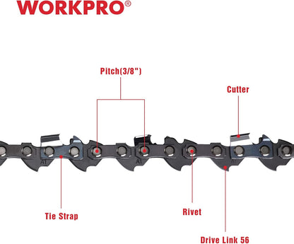 WORKPRO 2-Pack Chainsaw Chain for 16-Inch Bar, 3/8"Pitch, 56 Drive Links Wood Cutting Saw Chain for Chainsaw Parts fits Craftsman, Poulan, Echo, DeWalt