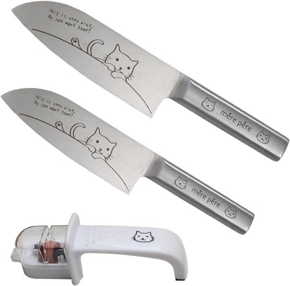Meruperu cat Santoku pair set [Original cat picture-filled kitchen knife sharpening sharpener gift entitled]