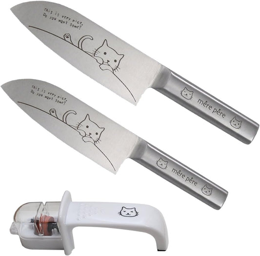 Meruperu cat Santoku pair set [Original cat picture-filled kitchen knife sharpening sharpener gift entitled]