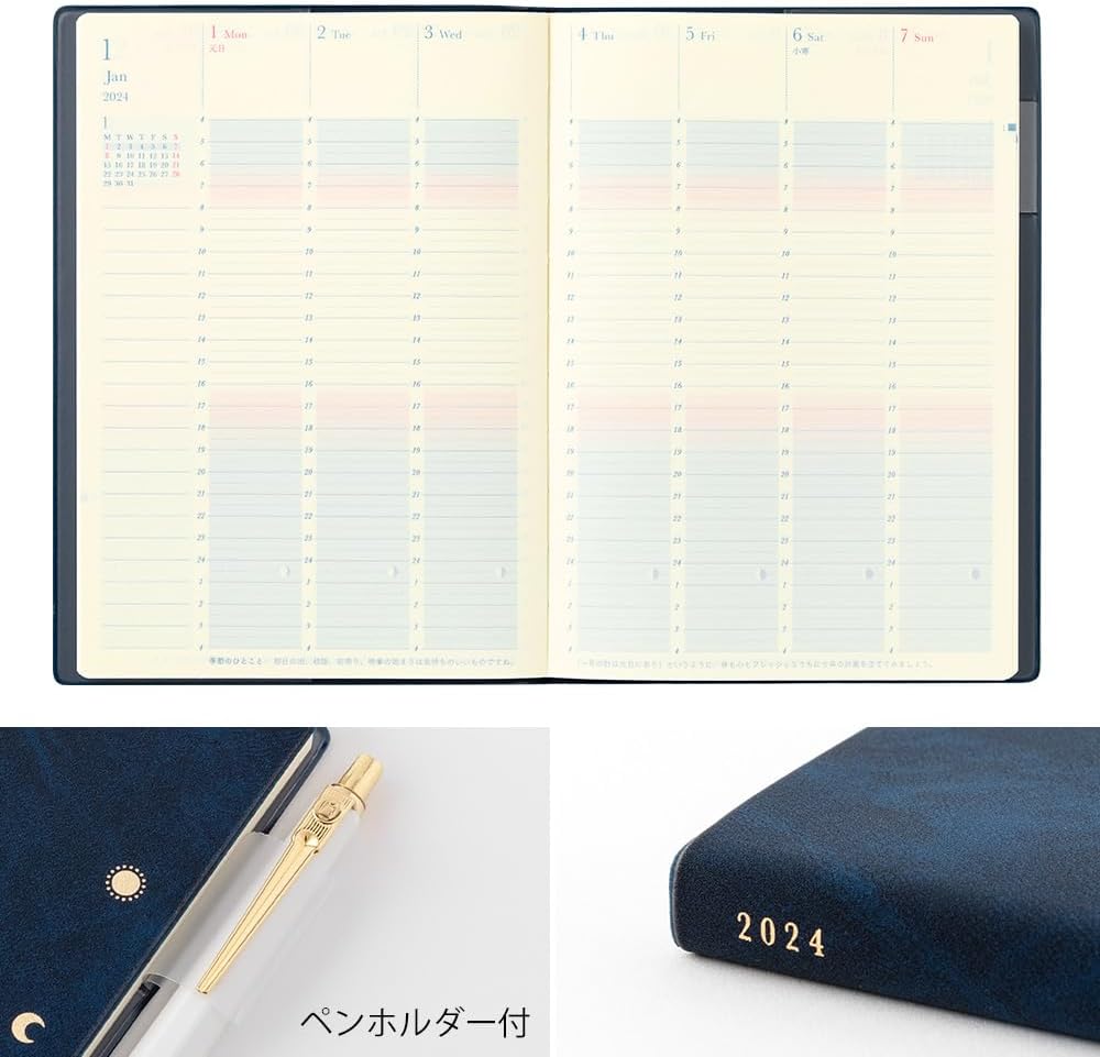 Midori 22287006 Day Length Notebook, 2024, B6, Weekly, White, Starts December 2023 (navy)