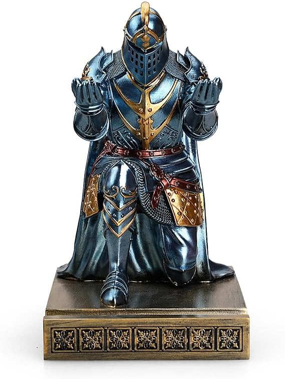 HDMbigmi King's Guard Leader Cloak Warrior Knight Pen Holder Mobile Phone Stand, Ornament Knight Statue, Pen Stand Paperweight with a Metal Sword Letter Opener for Office and Home (Blue)