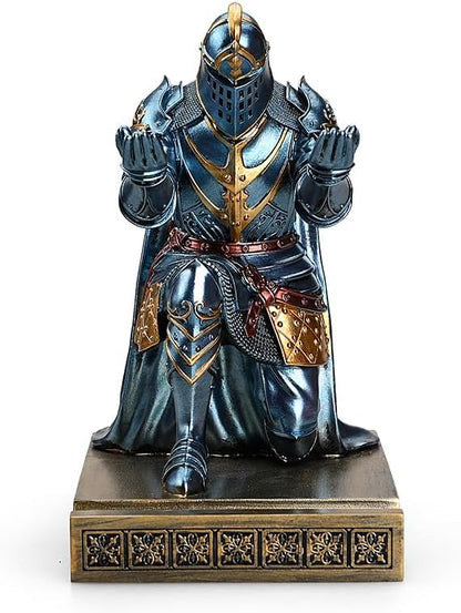 HDMbigmi King's Guard Leader Cloak Warrior Knight Pen Holder Mobile Phone Stand, Ornament Knight Statue, Pen Stand Paperweight with a Metal Sword Letter Opener for Office and Home (Blue)