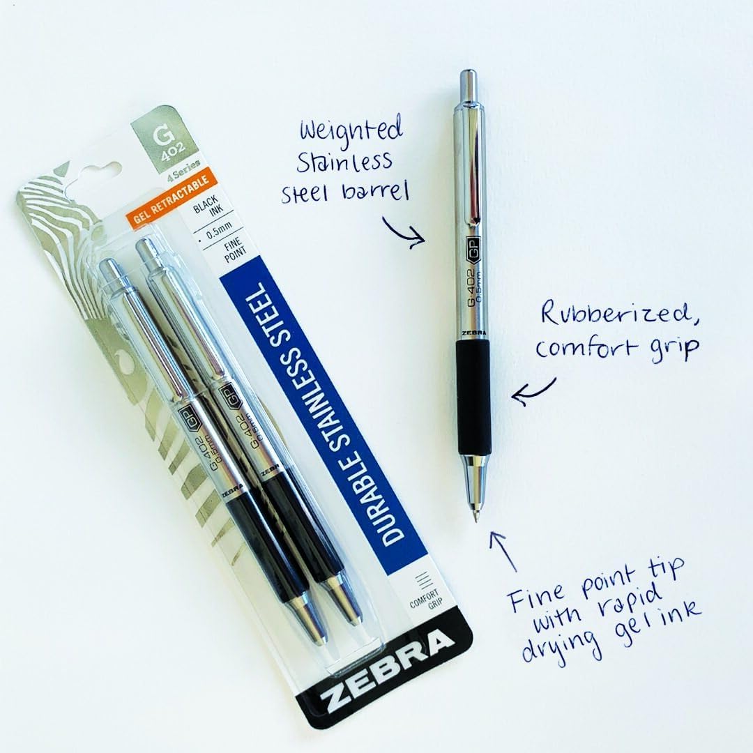 ZEBRA G-402 Retractable Gel Pen, Stainless Steel Barrel, Fine Point, 0.5mm, Black Ink, 12-Pack