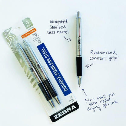 ZEBRA G-402 Retractable Gel Pen, Stainless Steel Barrel, Fine Point, 0.5mm, Black Ink, 12-Pack