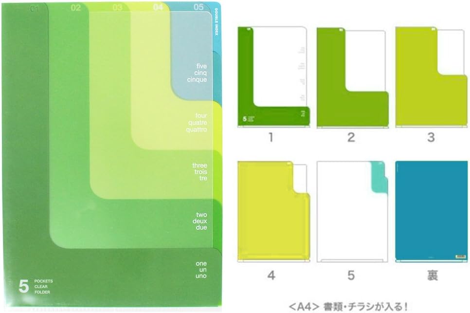 DESIGNPHIL Midori 35104006 Clear Holder, 5 Pockets, Clear Holder, A4, Two-Way Pattern, Yellow-Green