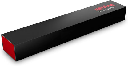 Black and red rectangular box with a brand logo on a white background