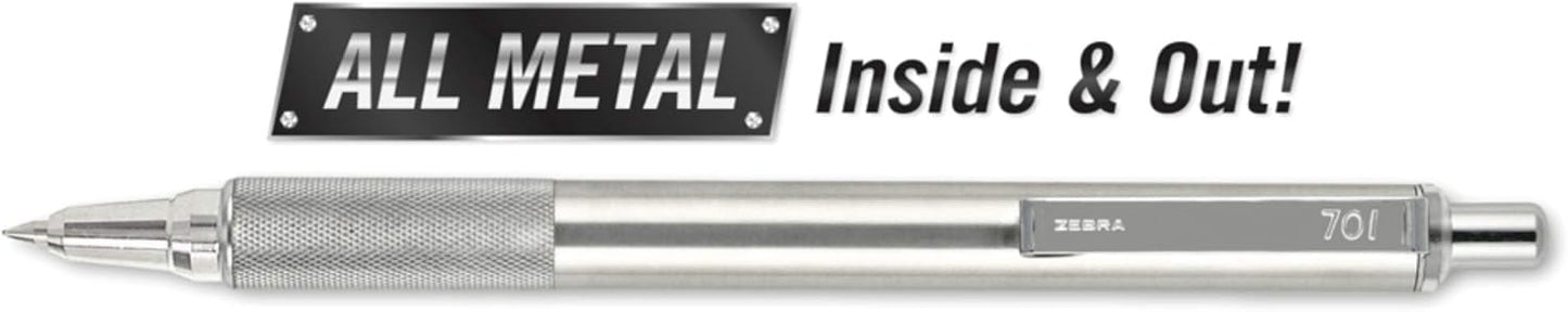 ZEBRA F-701 Metal Pen - Ballpoint Fine Point Stainless Steel - 0.8mm - Black Ink - Retractable ZEBRAs with 2 Black Ink Refills