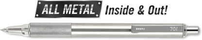 ZEBRA F-701 Metal Pen - Ballpoint Fine Point Stainless Steel - 0.8mm - Black Ink - Retractable ZEBRAs with 2 Black Ink Refills
