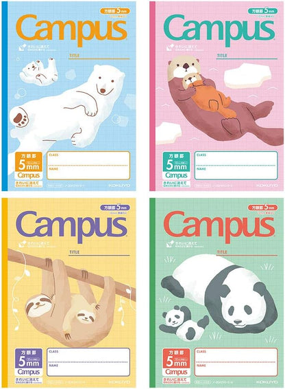 KOKUYO Campus Notebook, Easy Erasing, Semi-B5, 5mm(0.2in) Grid Ruled, 0.4 inch (10 mm) Solid Line, 30 Sheets, Pack of 4, Animal Pattern, Japan Import (NO-30AS10-5X4)