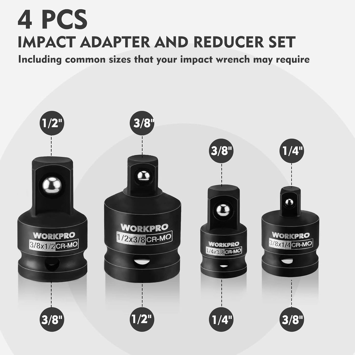 WORKPRO 4-Piece Impact Socket Adapter and Reducer Set, 1/4", 3/8", 1/2" Drive Socket Adapter Set, Impact Driver and Wrench Conversion Kit, Socket Reducer, Premium CR-MO Steel Made