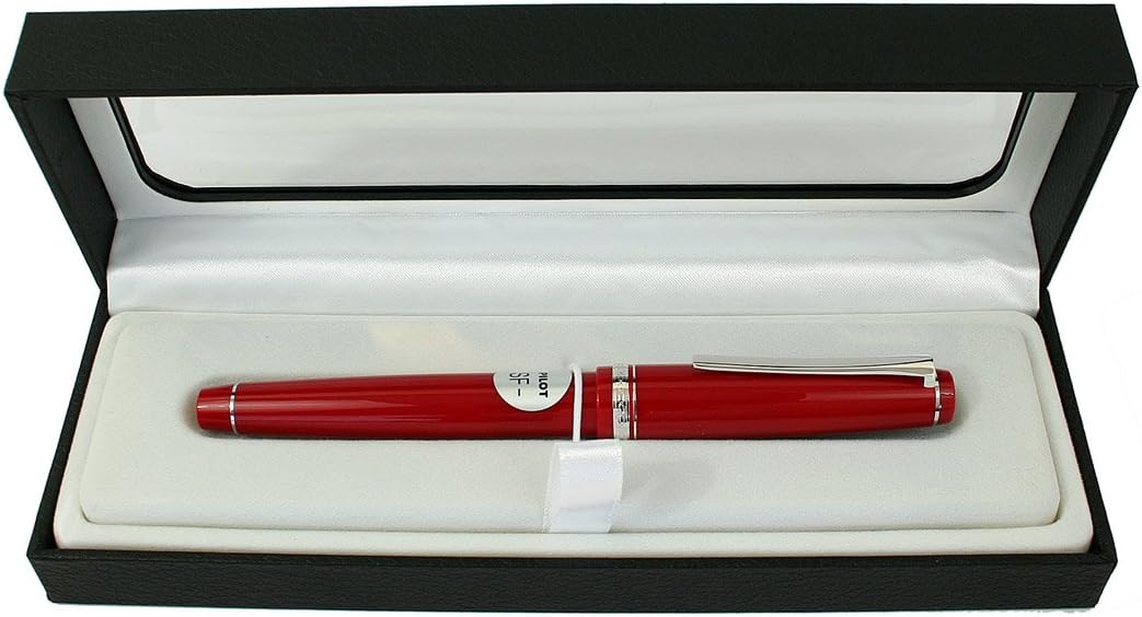 PILOT Falcon Collection Fountain Pen, Red Barrel with Rhodium Accents, Soft Extra Fine Nib, Blue Ink (71620) front view