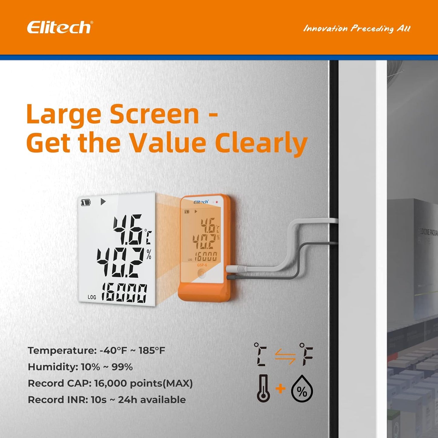 Elitech Digital Temperature Humidity Data Logger Pharmacy DDL with Calibration Certificate to auditor, Refrigerator Thermometer Vaccine Fridge Temperature Monitor Max Min Value GSP-6