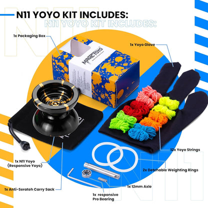 MAGICYOYO N11 Professional Unresponsive Yoyo N11 Dual Purpose Alloy Trick YoYo Ball (Black with Golden) with Bag, Glove, 12 Yoyo Strings and Responsive Bearing Kit